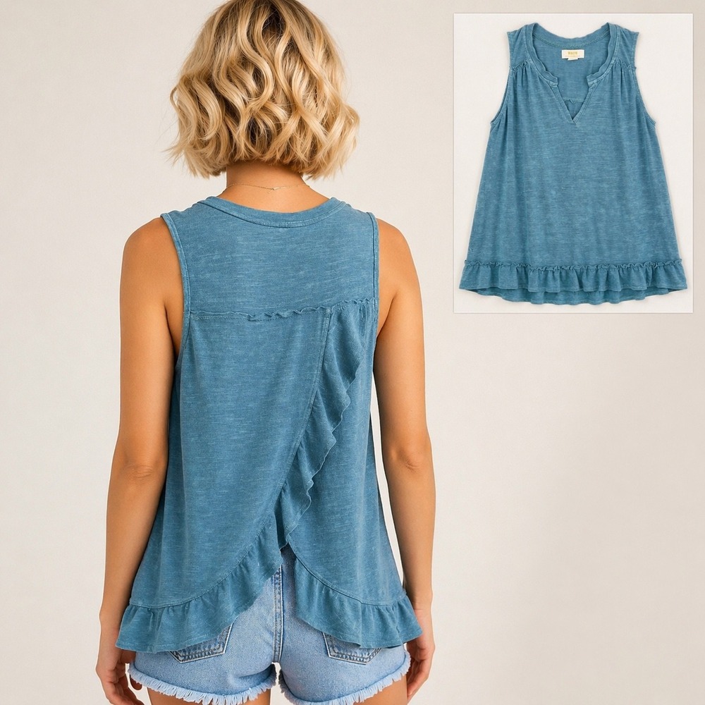 Maeve by Anthropologie Poinsot Ruffle Back‎ Tank Top (XS) Acid Wash Blue Summer